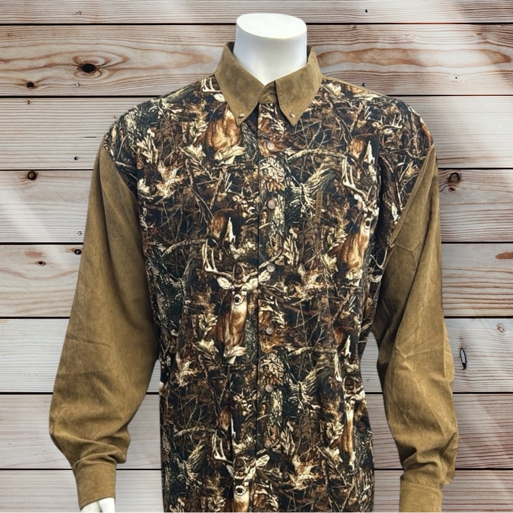 North River Outfitters Hunting Brown Camo Deer Print Long Sleeve Shirt Size XL